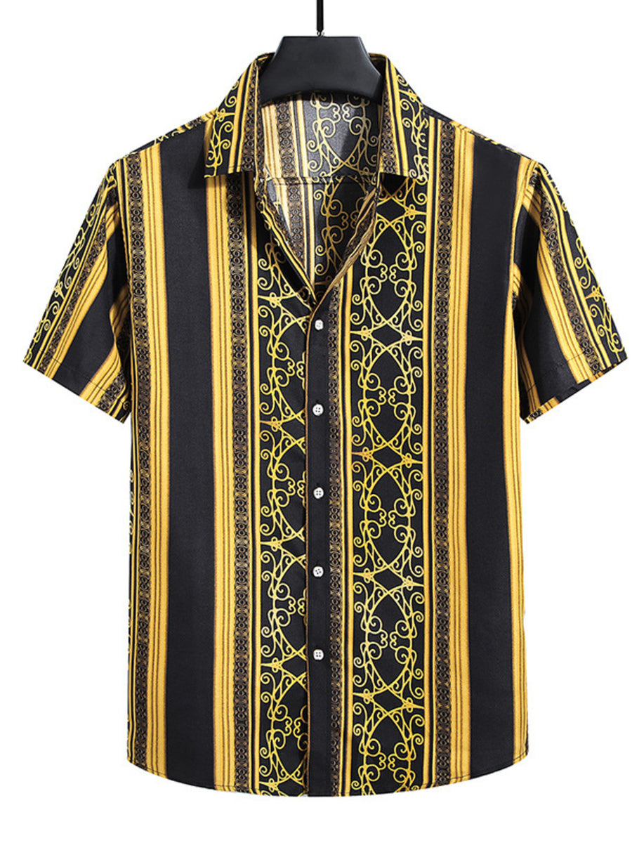 Men's yellow and black striped button-up shirt with ornate pattern