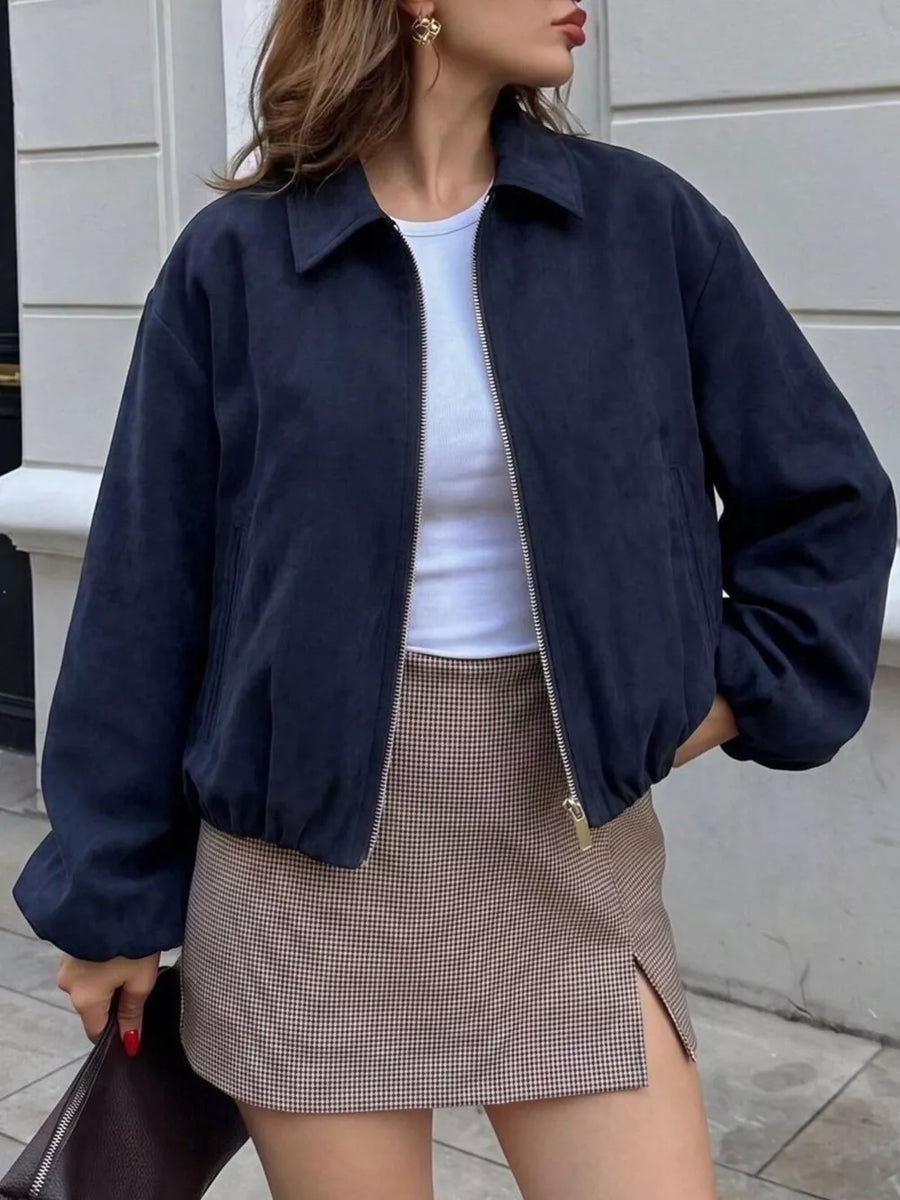 Zip Up Cropped Jacket in Army Green with zipper