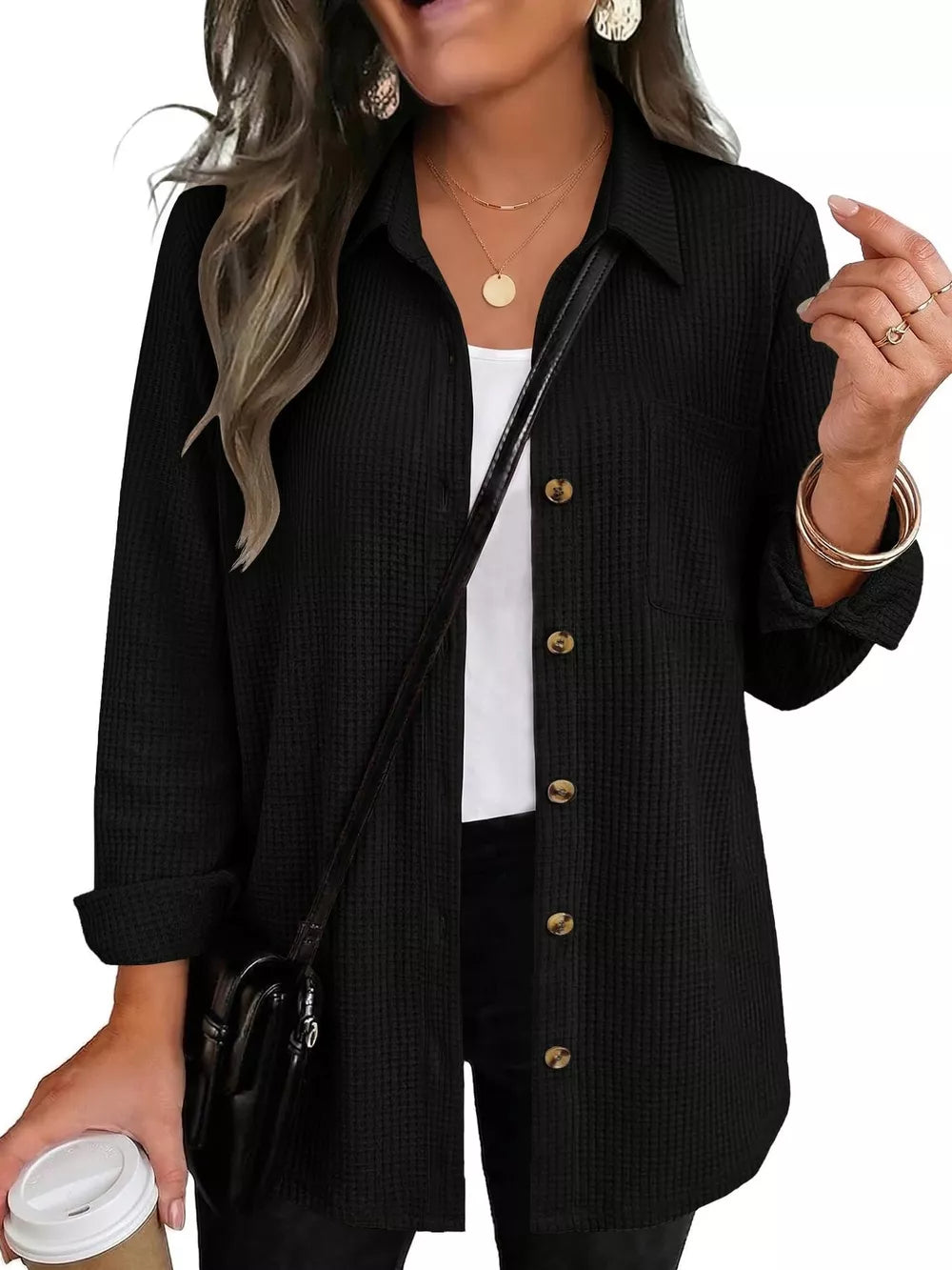 button-down shirt in Army Green with waffle-knit and hip-length