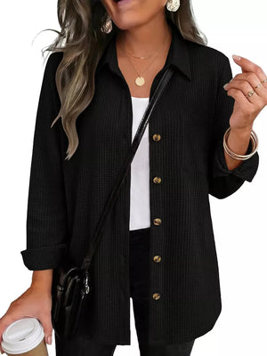 button-down shirt in Army Green with waffle-knit and hip-length