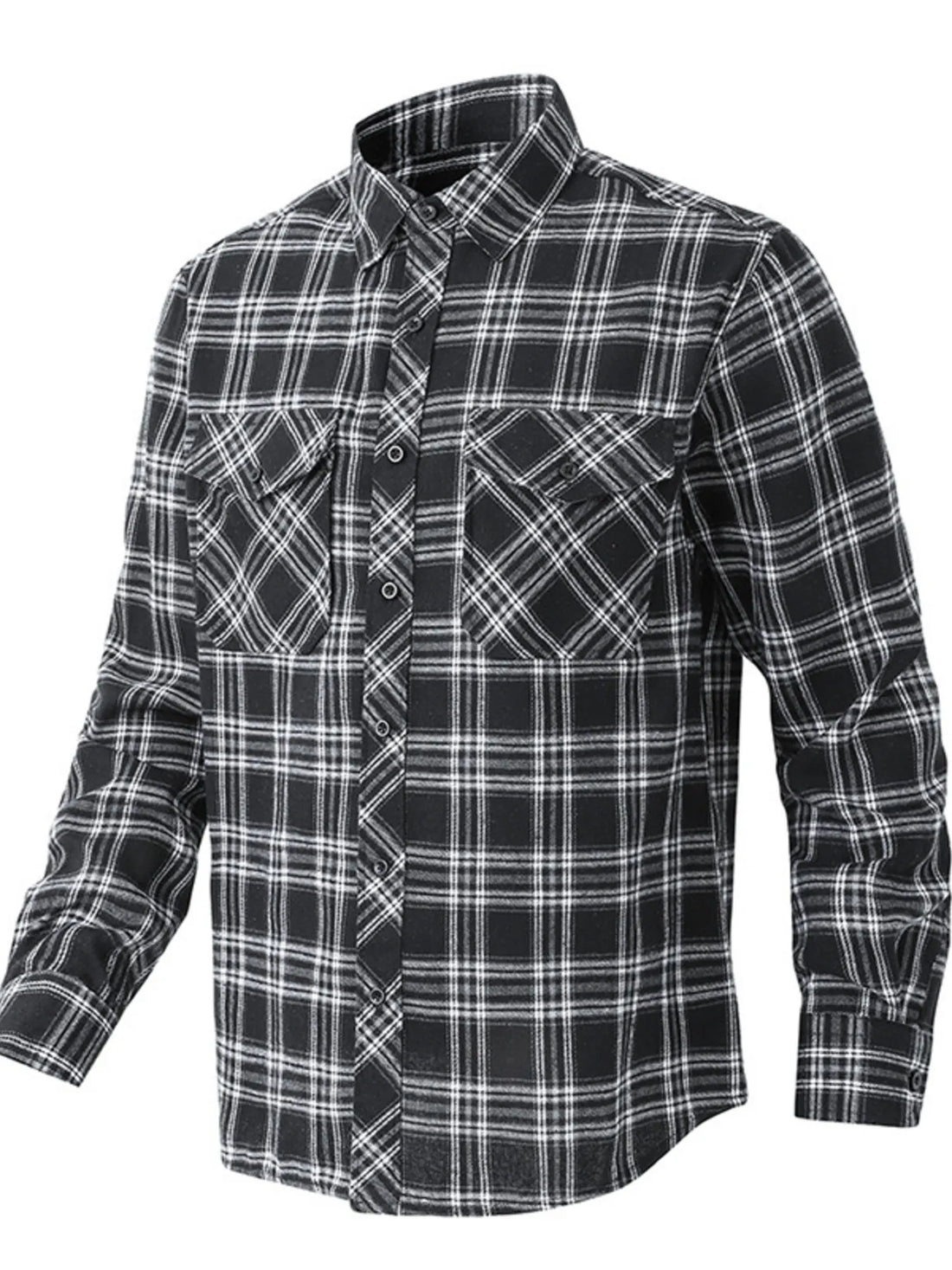 Men's black plaid button-up shirt with two chest pockets.
