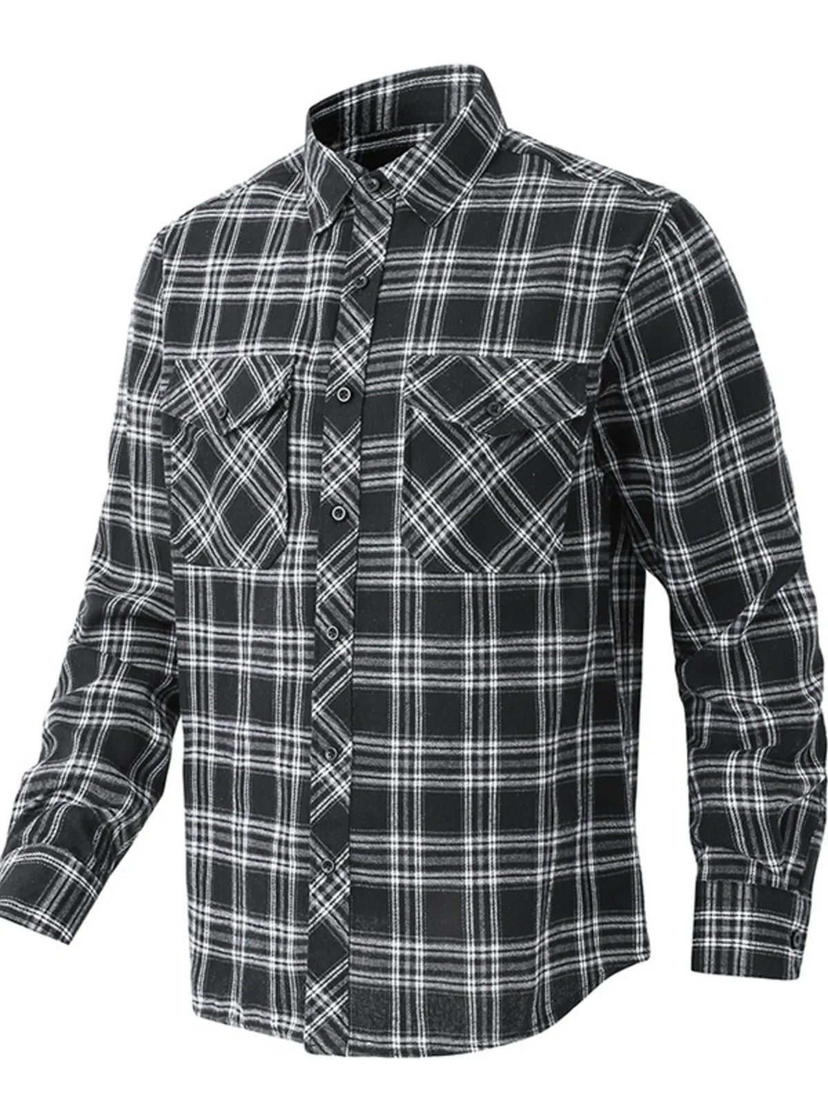 Men's black plaid button-up shirt with two chest pockets.