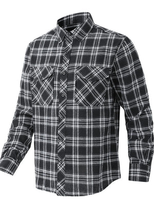 Men's black plaid button-up shirt with two chest pockets.