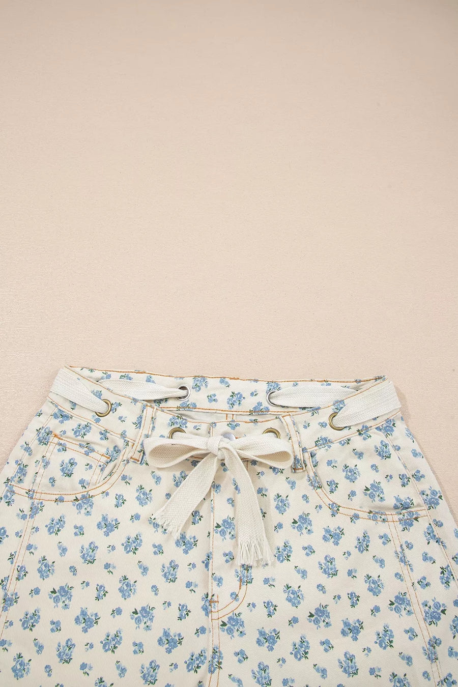 Grommet Knot Waist Floral Barrel Leg Jeans option 6