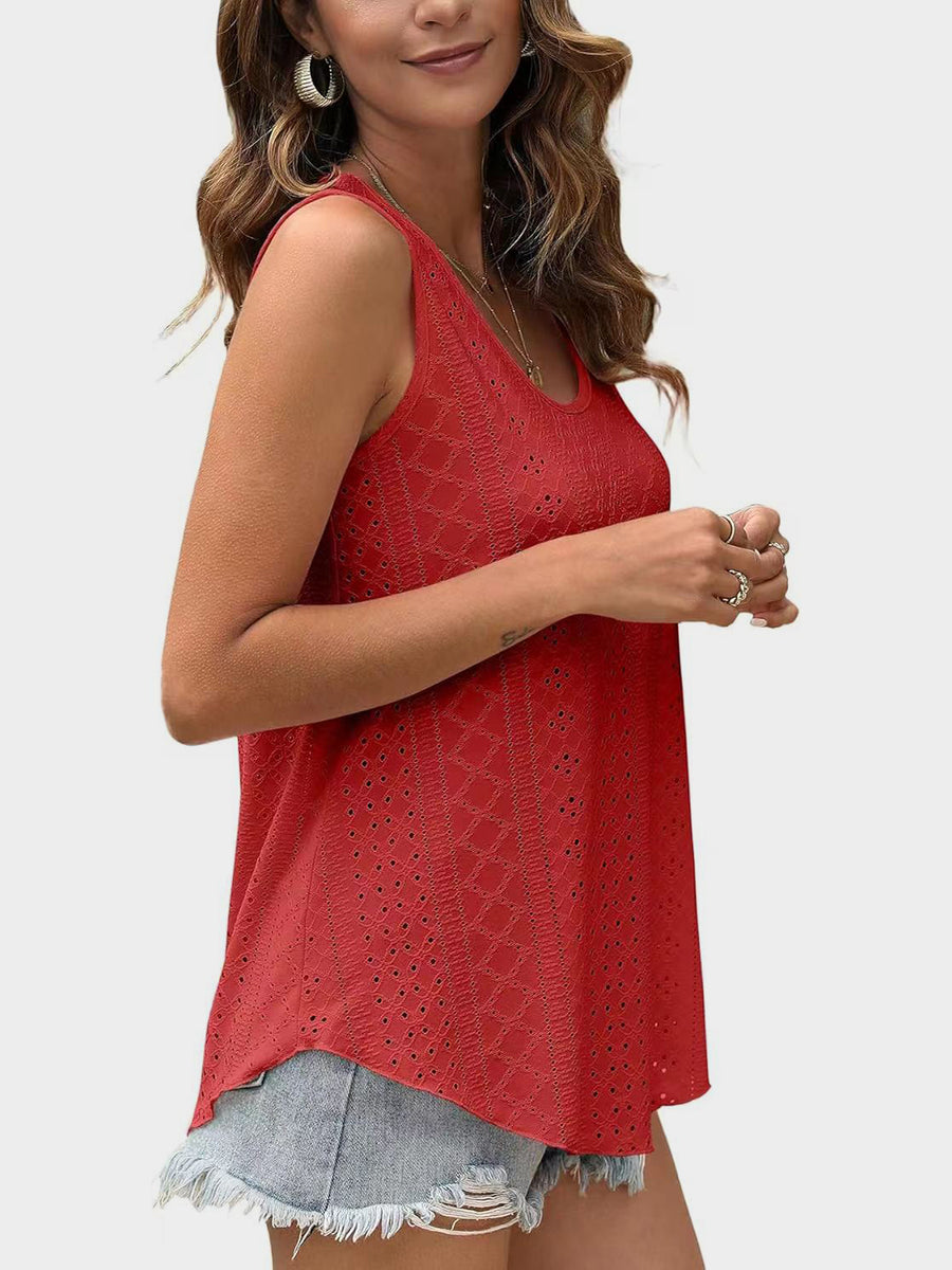 Eyelet scoop-neck trapeze tank top in Deep Red