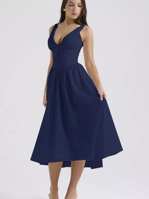 Navy v-neck midi dress with ruched bodice and tie detail, a-line skirt.