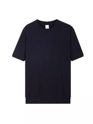 Men's dark blue ribbed knit relaxed fit t-shirt with crew neck and short sleeves.