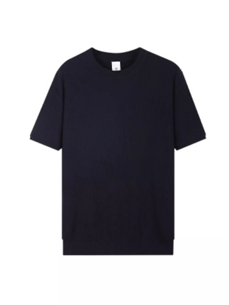 Men's dark blue ribbed knit relaxed fit t-shirt with crew neck and short sleeves.