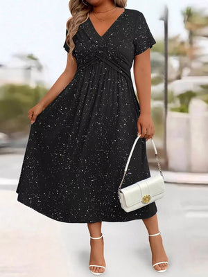 Full Size Glitter Flutter Sleeve Midi Dress Plus Size in Silver Gray