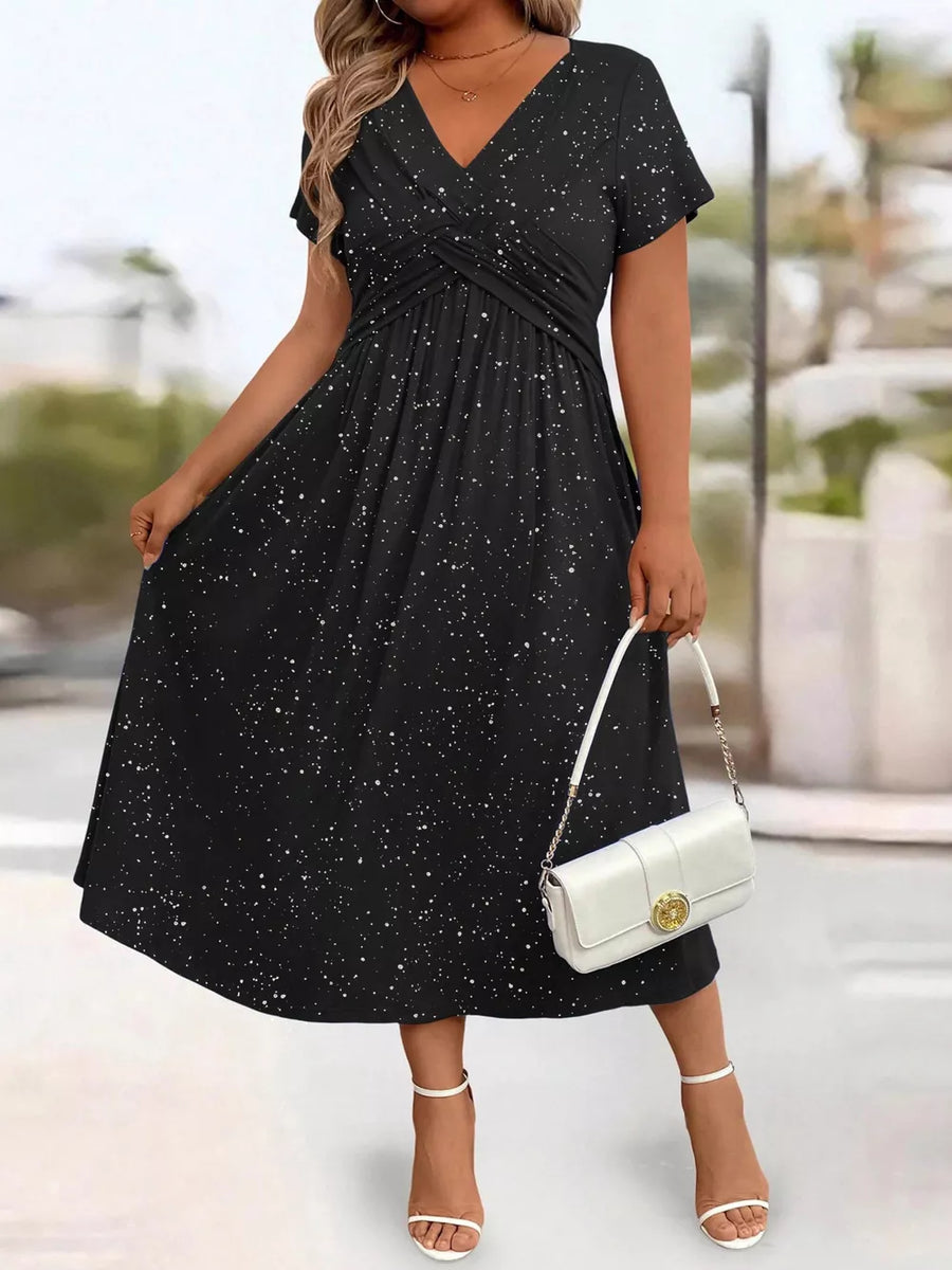 Full Size Glitter Flutter Sleeve Midi Dress Plus Size in Silver Gray