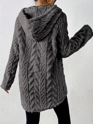 Gray textured drawstring fleece hoodie with cable knit pattern and hood.