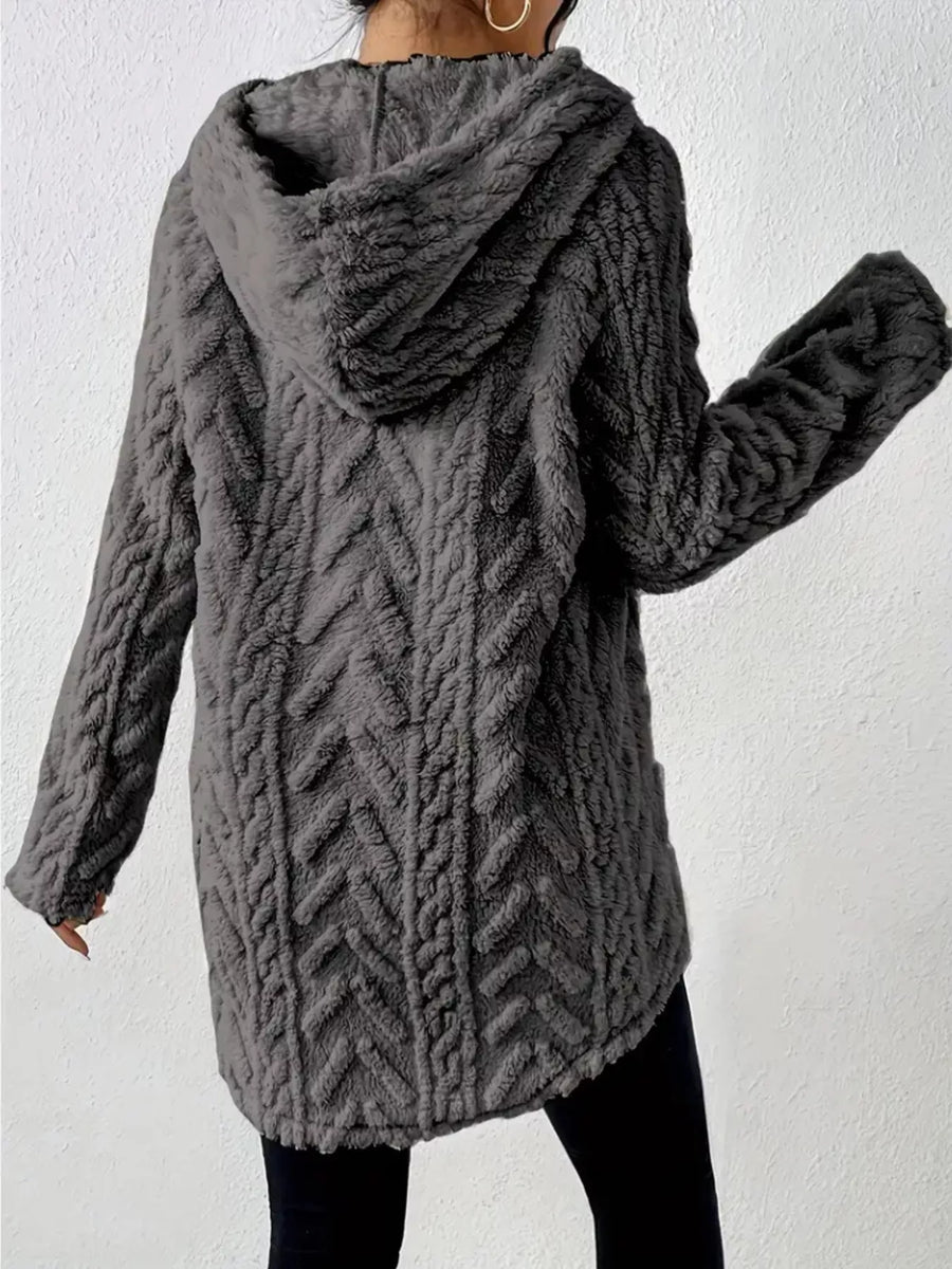 Gray textured drawstring fleece hoodie with cable knit pattern and hood.