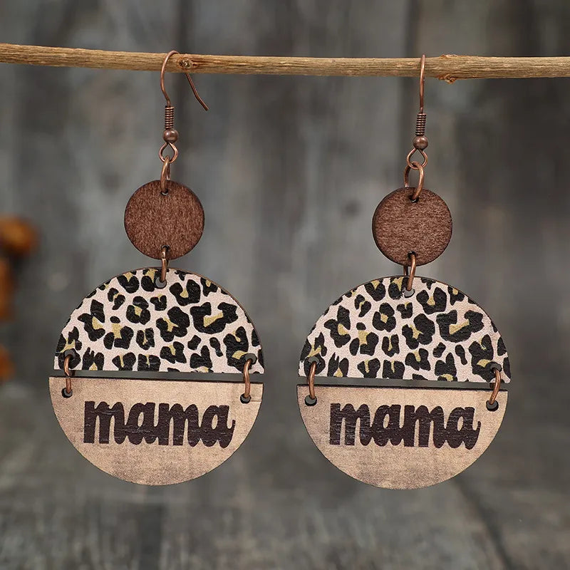 Leopard print "mama" drop earrings with wood accents and copper hooks
