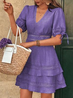 Purple lace-embellished V-neck mini dress with tiered skirt and tie sleeves
