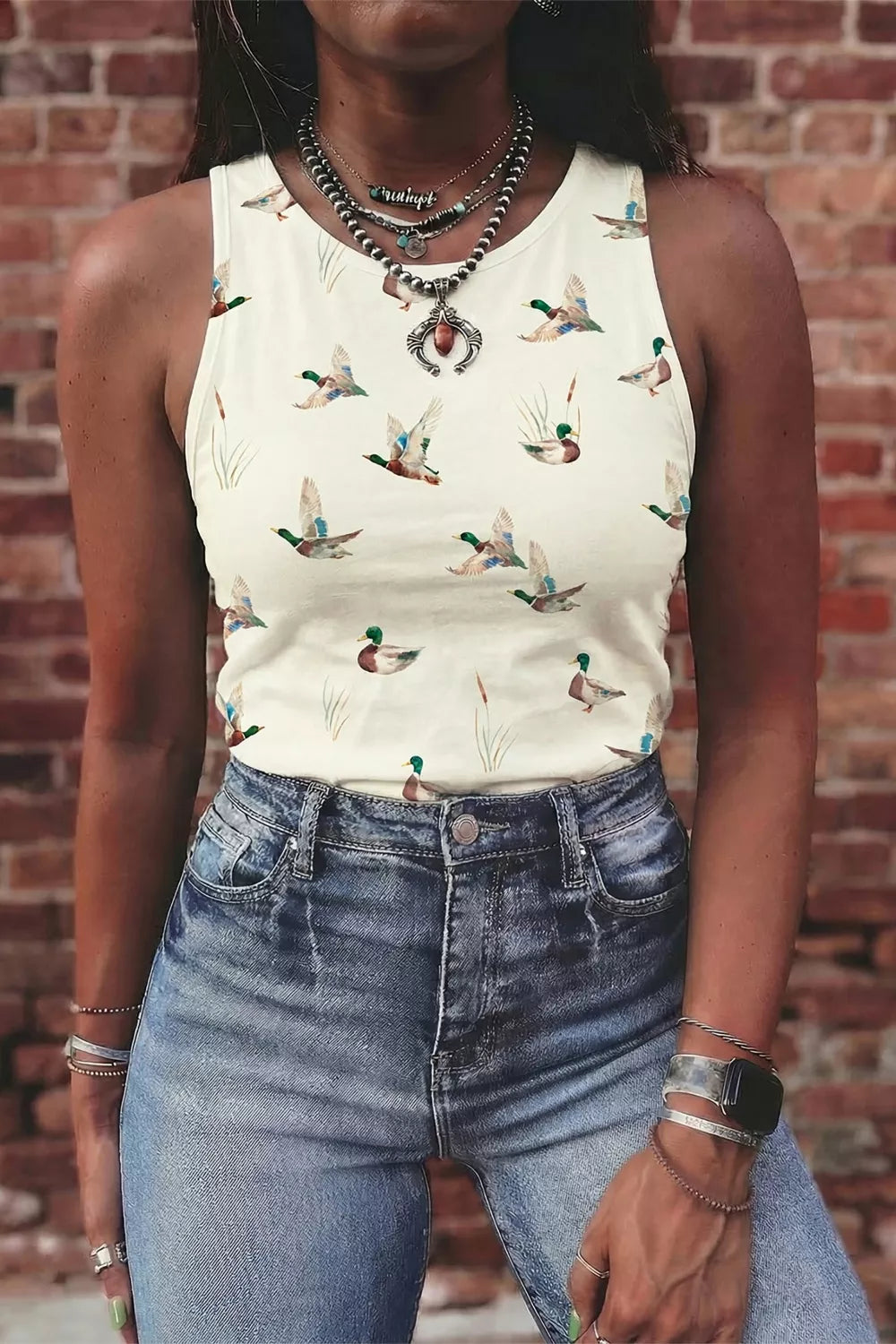 Cream mallard print tank top with cattails, round neck, sleeveless