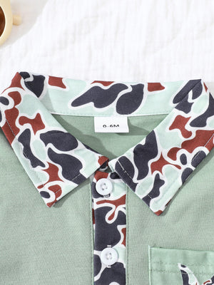 Sage camouflage collar baby polo shirt with button placket and pocket detail