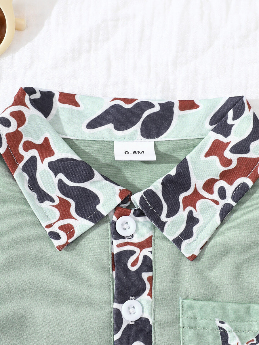 Sage camouflage collar baby polo shirt with button placket and pocket detail