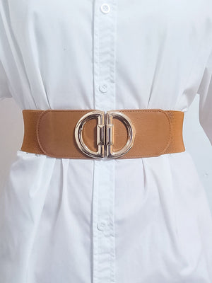 Caramel elastic waist belt with double D gold buckle detail