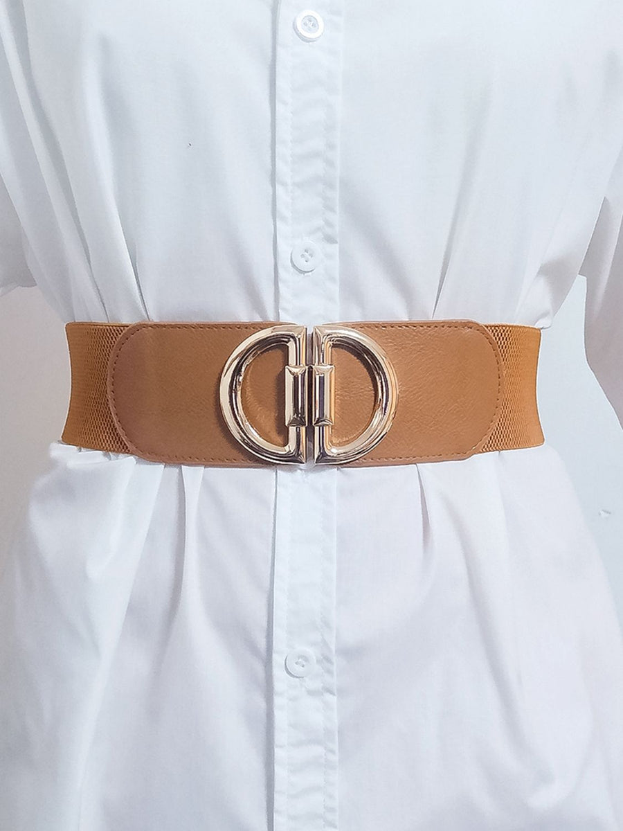 Caramel elastic waist belt with double D gold buckle detail