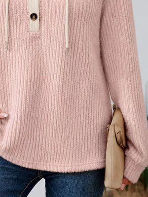 Full Size Drawstring Button Detail Hooded Sweater Plus Size in Pink with buttoned