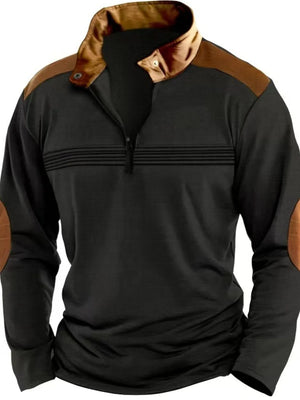 Black quarter-zip pullover with contrast brown collar, shoulder patches, and elbow patches.