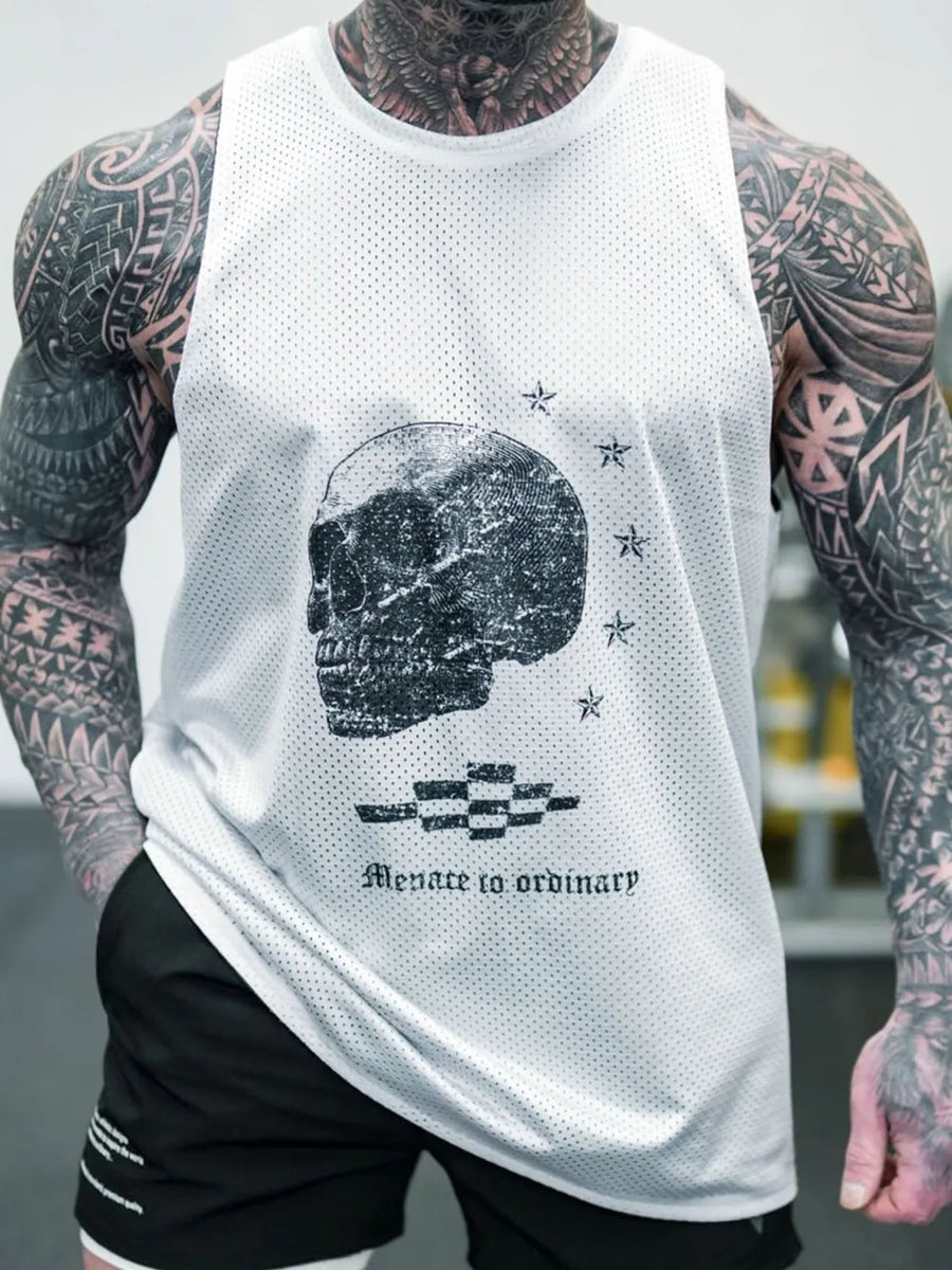 White perforated tank top with skull graphic and text detail