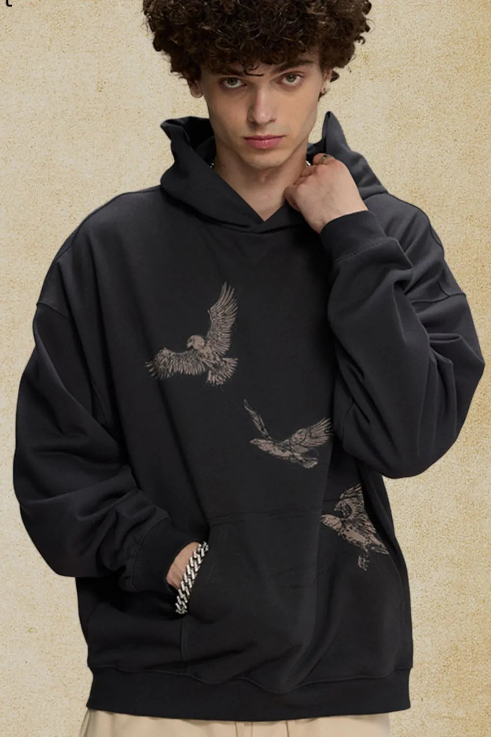 Dark Gray Embroidered Flight Hoodie with relaxed fit and bird graphic details.