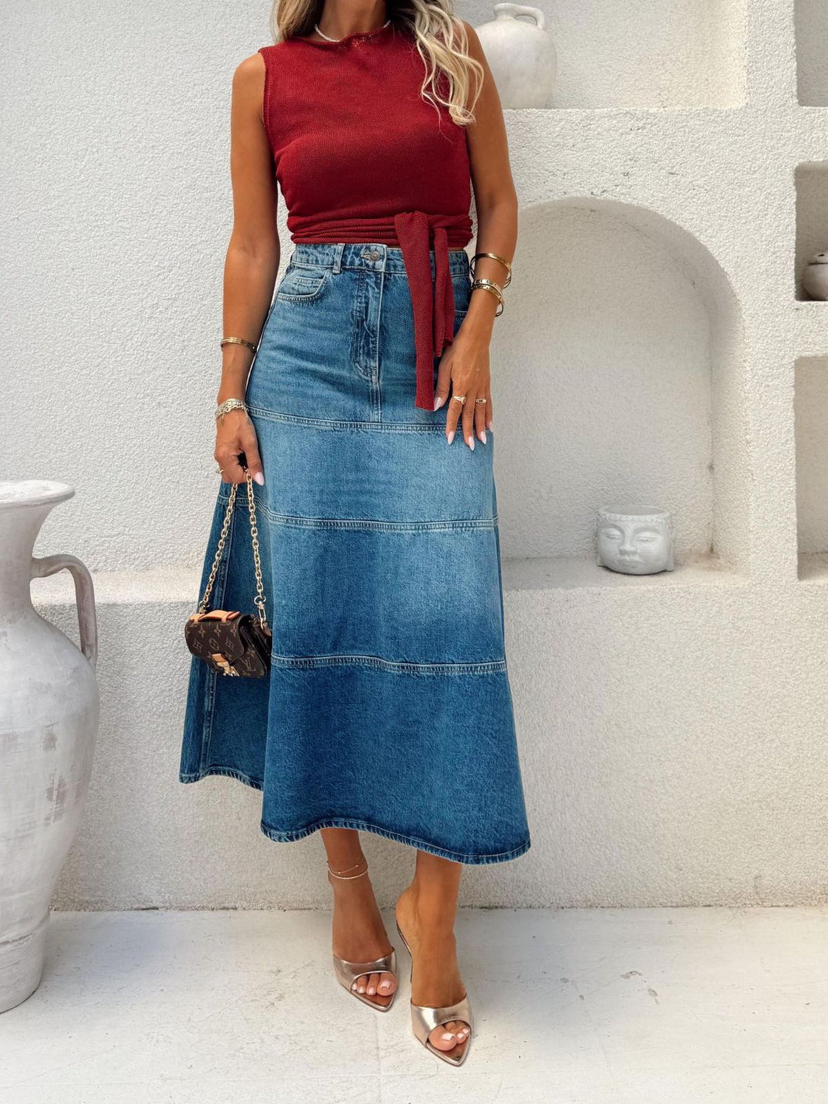 Plus high-waisted A-line denim skirt in dusty blue, tiered design, midi length
