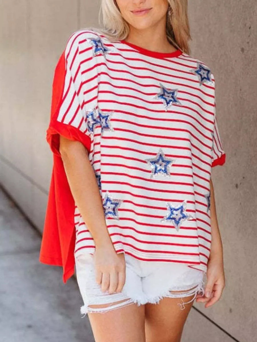 Patriotic sequin star t-shirt with red and white stripes, crew neck, and short sleeves.