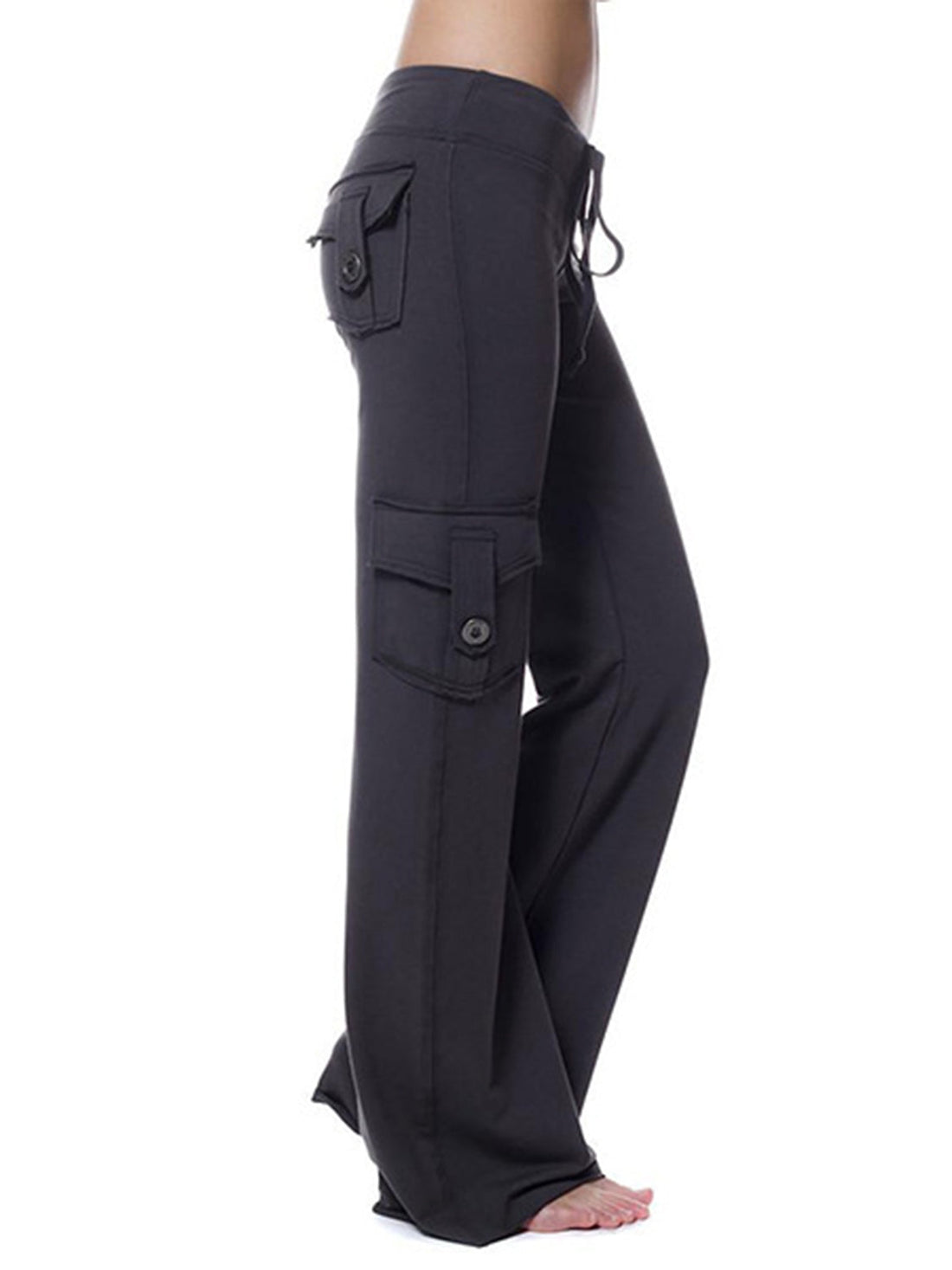Charcoal cargo-inspired wide-leg drawstring trousers with button-flap pockets.
