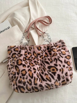 Pink leopard print plush tote bag with chain and leatherette handles