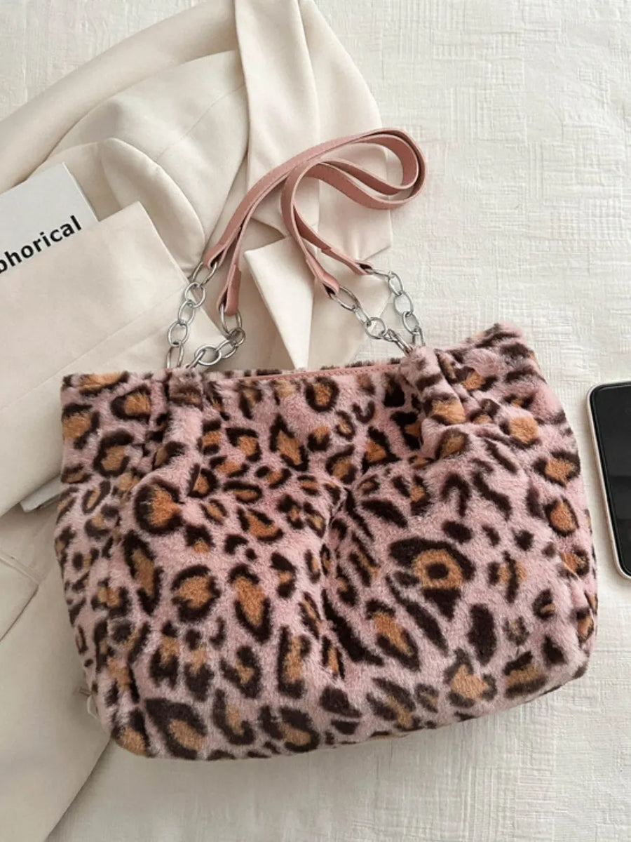 Pink leopard print plush tote bag with chain and leatherette handles