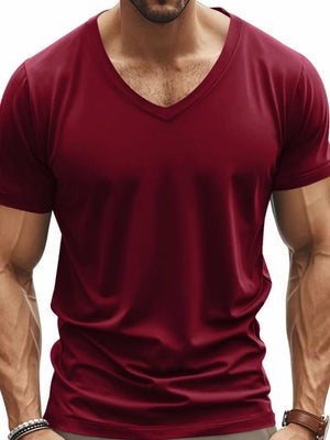 Burgundy V-neck t-shirt, short sleeves, modern muscle fit.