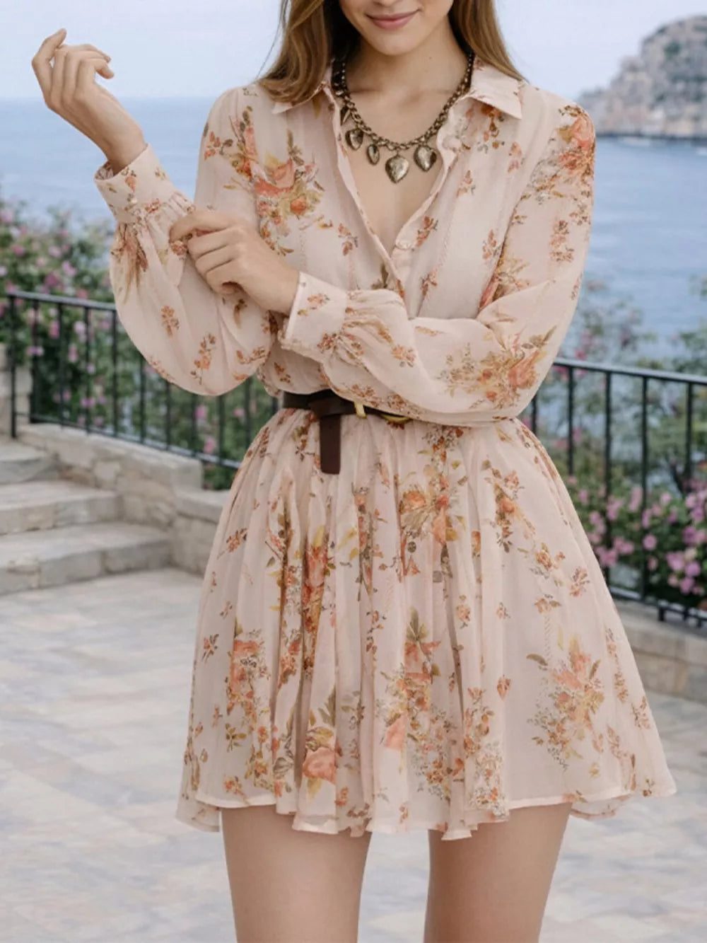 blush pink shirt dress with floral and collared