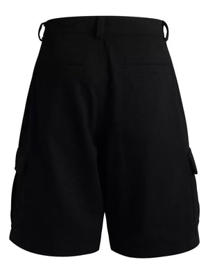 Black cargo shorts for men with button flap pockets and adjustable waist tabs.