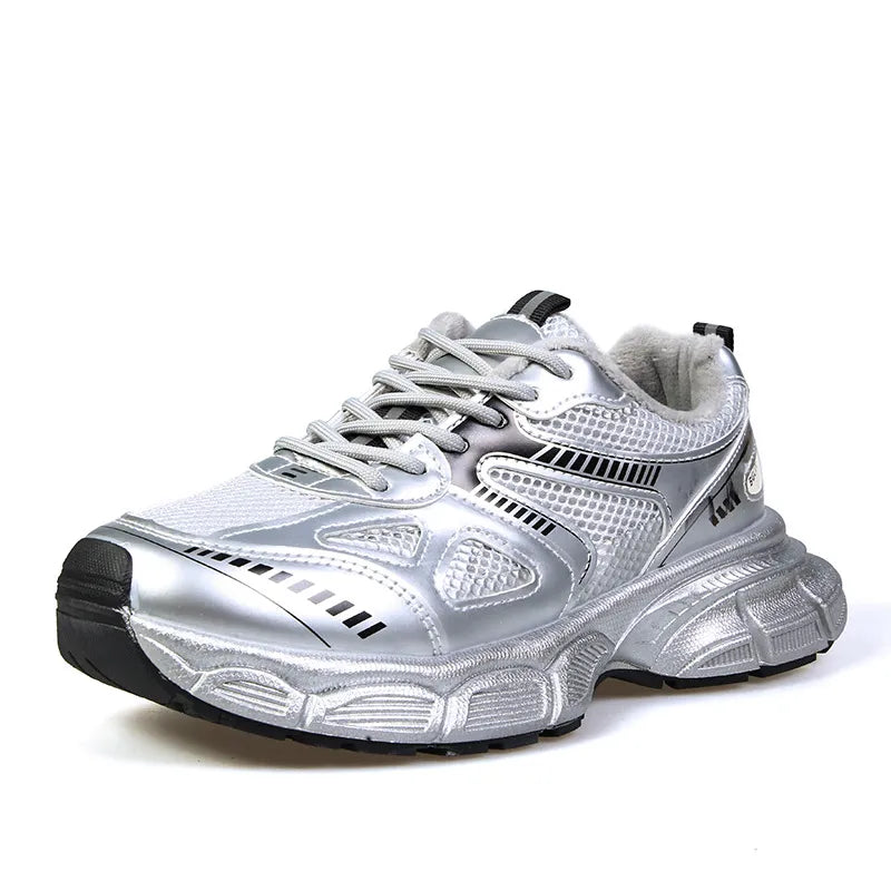 Silver lace-up sport platforms with mesh and metallic accents.