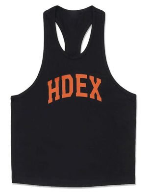 Black athletic tank top with orange HDEX graphic and racerback