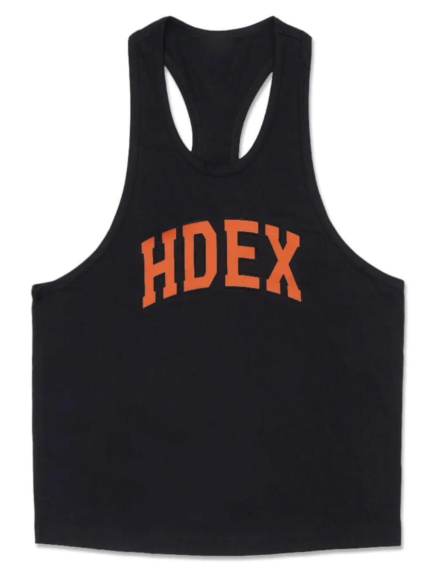 Black athletic tank top with orange HDEX graphic and racerback