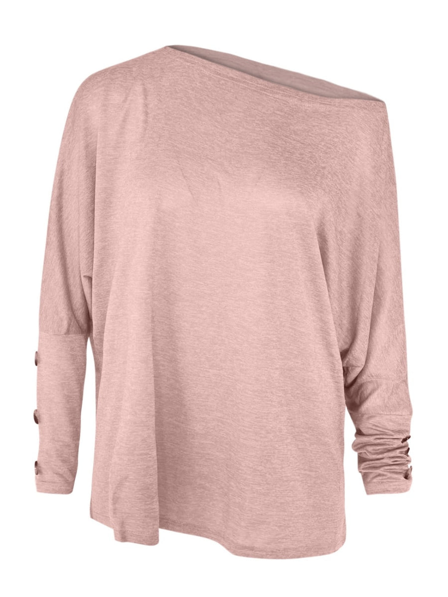 Off-the-shoulder dolman top in dusty pink with button cuff detail