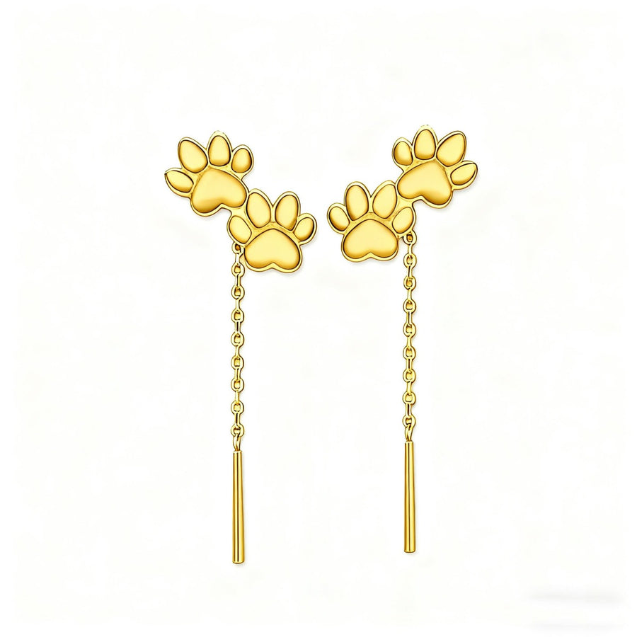 Gold paw print drop earrings with chain and bar detail