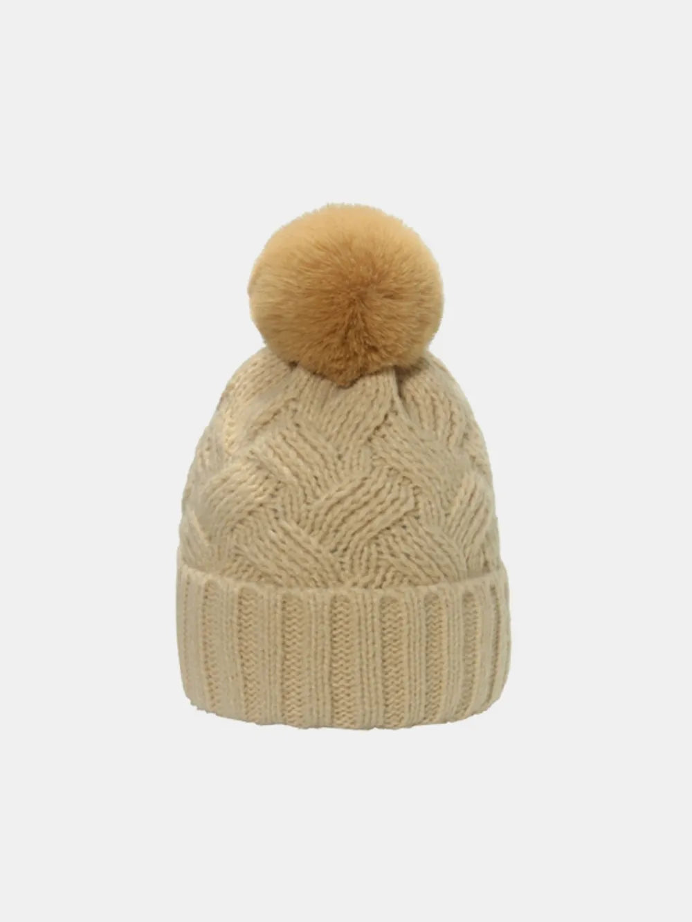 Beige cable knit pom beanie with ribbed cuff