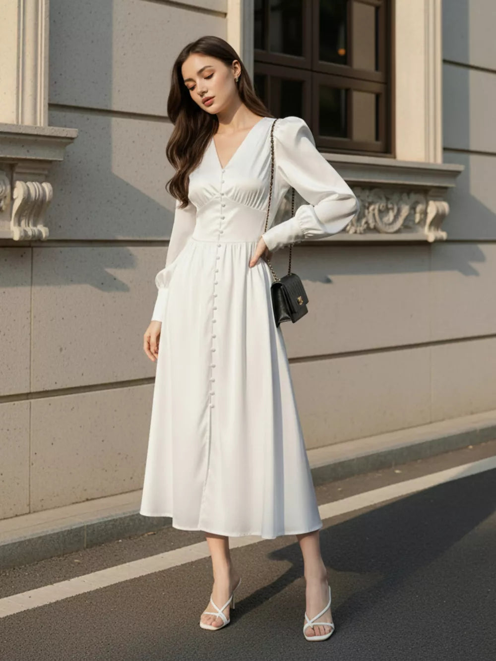 95% polyester, 5% spandex Care instructions: Machine wash cold midi dress in White with A-line silhouette