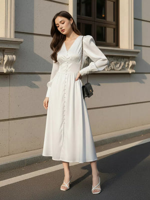 95% polyester, 5% spandex Care instructions: Machine wash cold midi dress in White with A-line silhouette