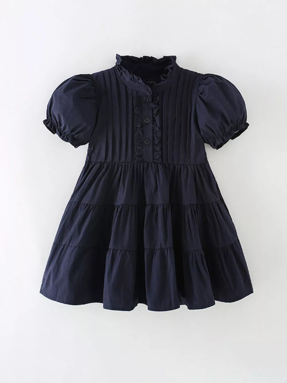 Navy cotton blend toddler dress with ruffle collar, puff sleeves, and tiered skirt.