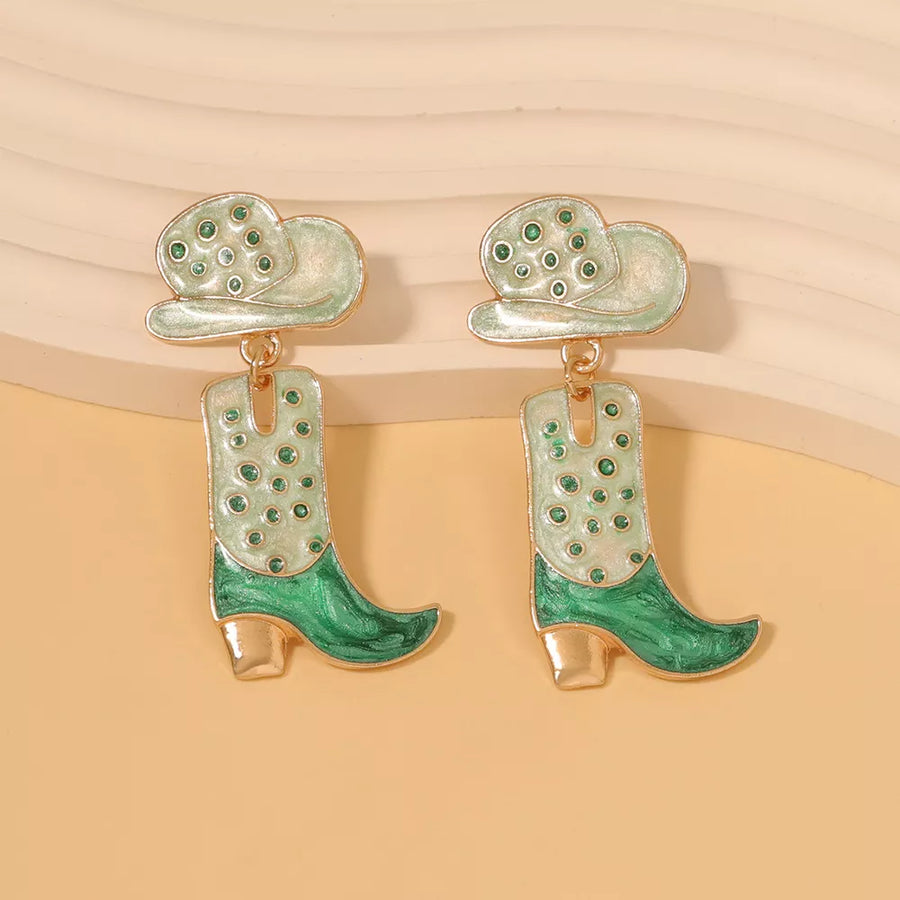 Cyan cowboy boot dangle earrings with hat detail and green accents.