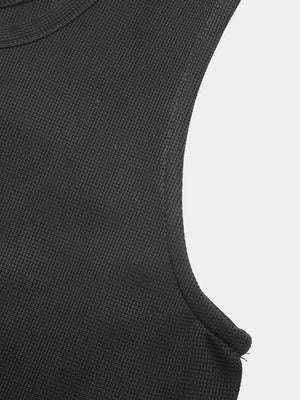 Black textured knit sleeveless jumpsuit detail