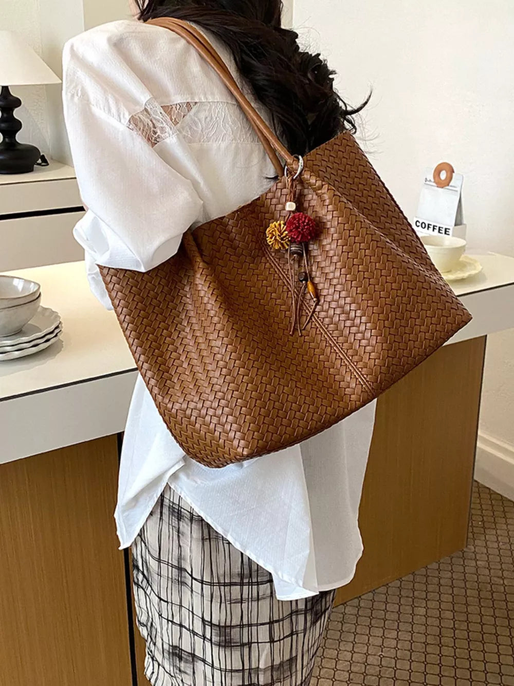 Green tote with open-front and woven