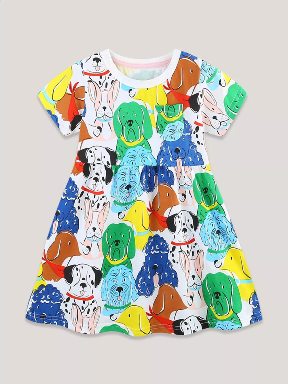 Toddler dress with colorful cartoon dog print, short sleeves, round neck, above the knee length.