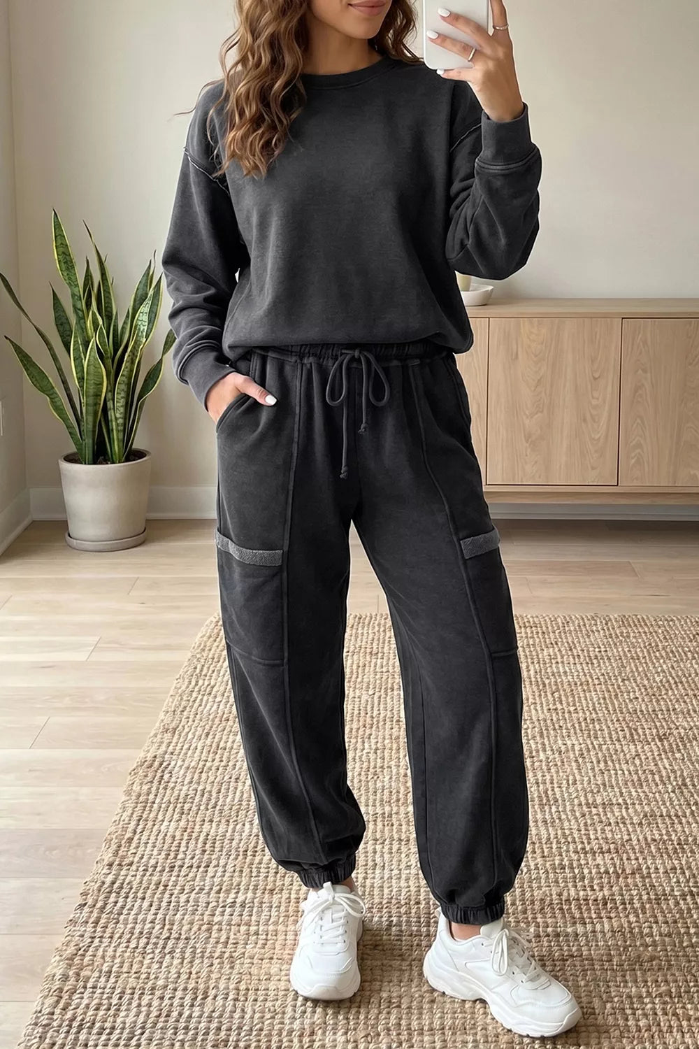 lounge set in charcoal featuring drawstring and relaxed fit