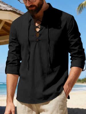 Black lace-up linen shirt with rolled sleeves and mandarin collar.